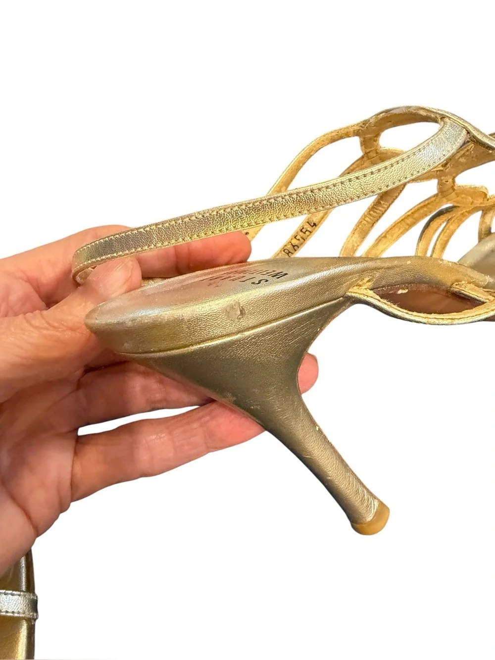 Stuart Weitzman Metallic Gold Multi-Strap stiletto Sandals with ankle wrap